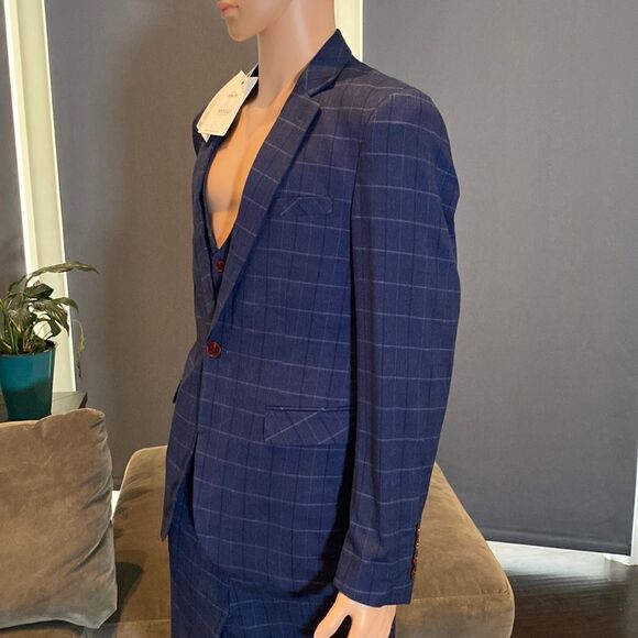 Men’s Mogu Blue Plaid 3 Piece Slim Fit Suit Jacket 40 Pants 36 NWT - Picture 4 of 14